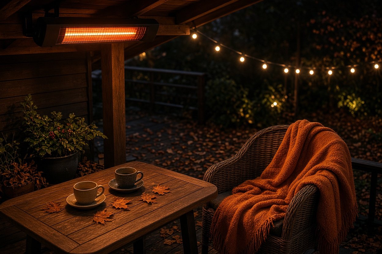 Infrarot-Heizstrahler auf überdachter Terrasse am Abend mit gemütlicher Sitzecke
