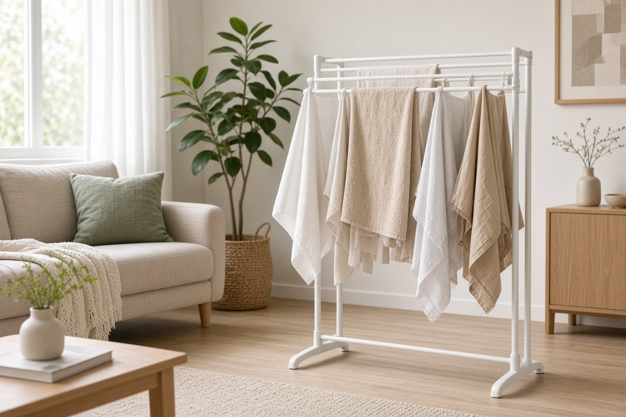 Schlanker Design-Wäscheständer in Weiß mit Wäsche in einem hellen, modernen Wohnzimmer