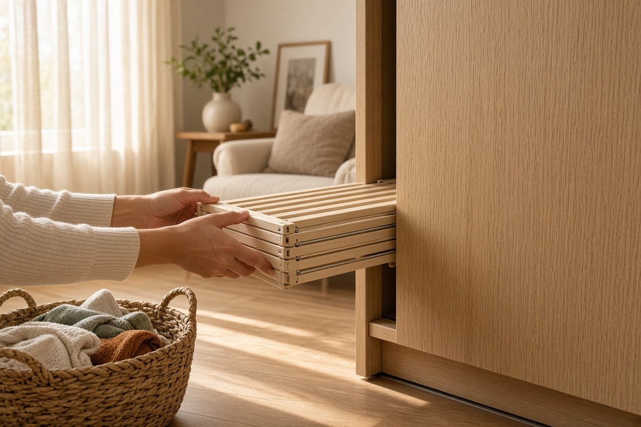 Zusammengeklappter Wäscheständer wird platzsparend neben dem Schrank im Wohnzimmer verstaut
